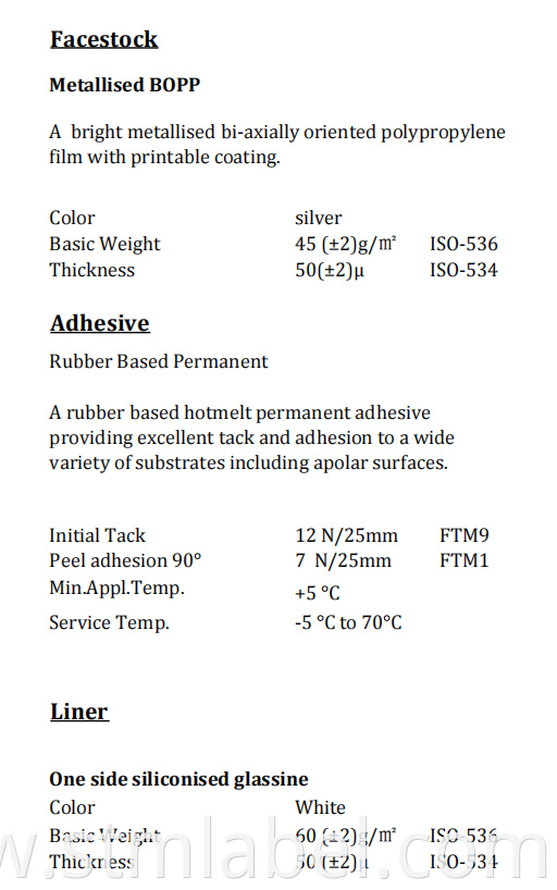 Ha18ql0922 Metallised Bopp Rubber Based Permanent White Glassine